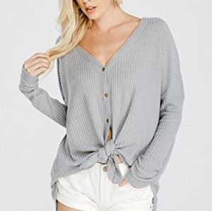 Amazon Waffle Thermal Knit Front Knot Sweater Button Down Top